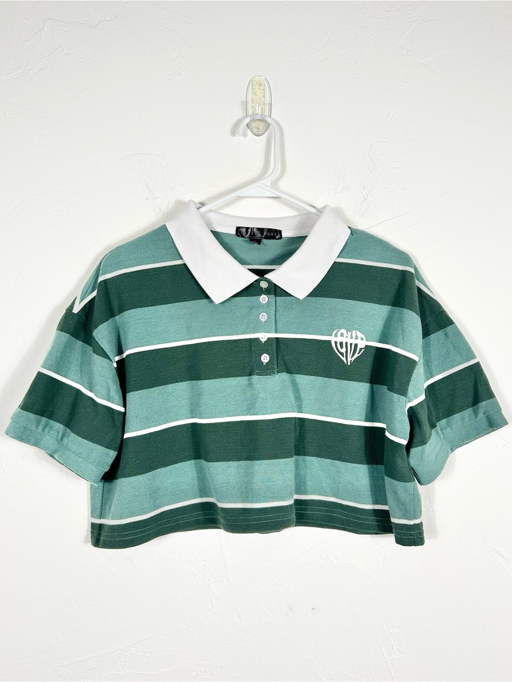 Faded Rose Green Striped Cropped Polo Shirt Women's Size L White Collar Academia